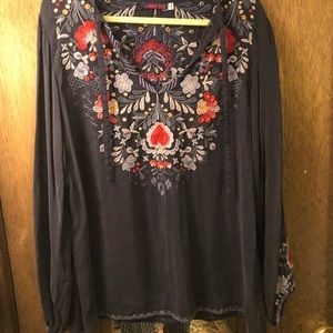Johnny Was navy embroidered rayon top.